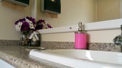 LUX Executive Restroom Trailer Interior - Countertop Soap Dispenser - Vanity Mirror - Flower Vase