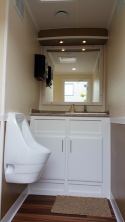 LUX Portable Executive Restroom Trailer Interior - Countertop - Flowers - Vanity Mirror